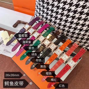 Hermès diamond-set women's watch, all strap colors marked, 9 crocodile leather colors